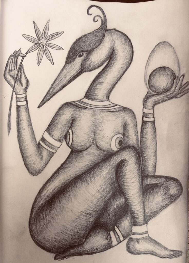 Heron woman with egg and flower