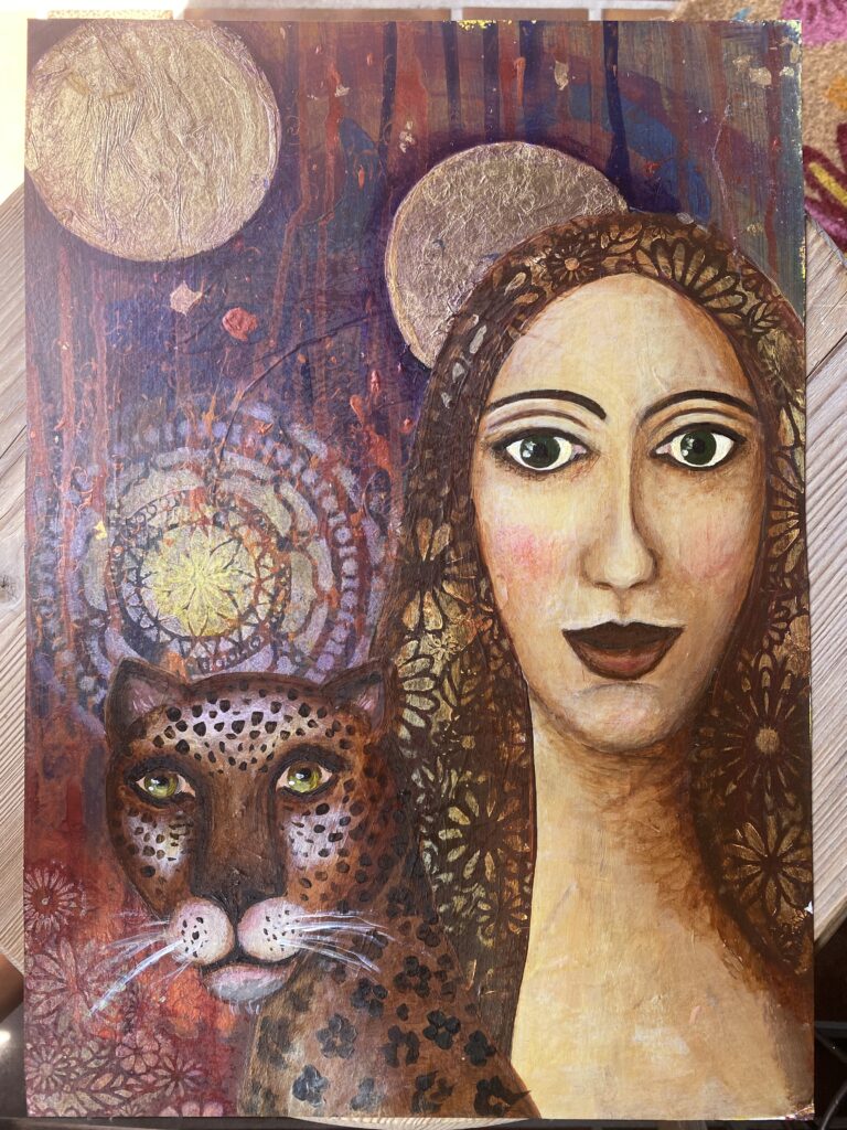 Woman with Leopard and two golden moons